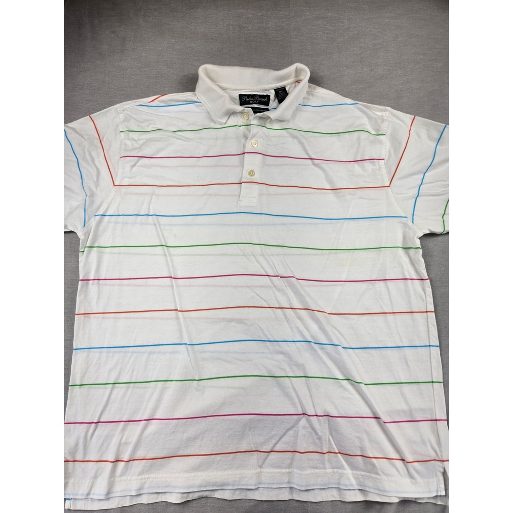 Palm Beach Golf Mens XXL White Multicolor Striped Mercerized Cotton Polo Shirt